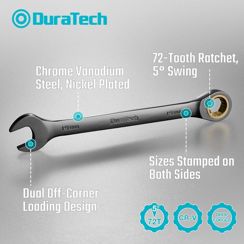 DURATECH Anti-Slip Ratcheting Wrench Set, Combination Wrench Set, 22-piece, Metric & SAE, 1/4" to 3/4" & 6-18mm, 72-Tooth, CR-V Steel, Nickel Plating, with Pouch - Image 4